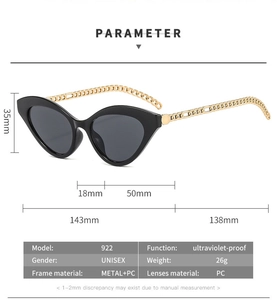 Detailed technical diagram of cat-eye sunglasses featuring metal chain temples and PC lenses