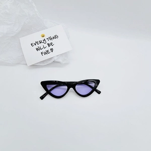Close-up of retro cat-eye sunglasses with black frames and translucent purple lenses