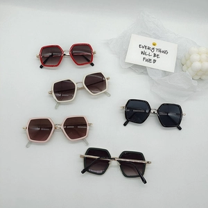 Set of five colorful geometric children's sunglasses with stylish metal temples and hex frames
