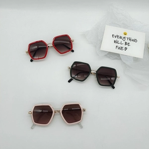 Three pairs of stylish kids rhombus sunglasses in red, black, and light pink with metal temples
