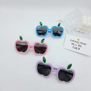 Cute apple-shaped cartoon sunglasses for kids with UV protection in blue, pink and purple