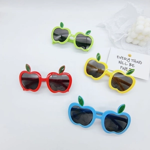 Colorful apple-shaped kids sunglasses set with UV protection and cute green leaf detail