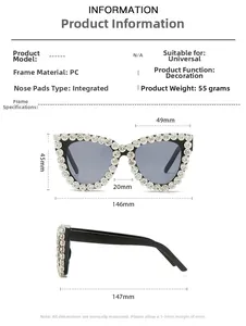 Detailed size chart for crystal studded sunglasses with frame measurements and specs