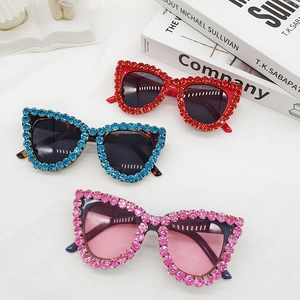 Cat eye rhinestones sunglasses in red, blue, and pink with sparkling crystal frames