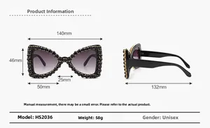 Detailed size specifications of oversized butterfly sunglasses with black crystal rhinestones