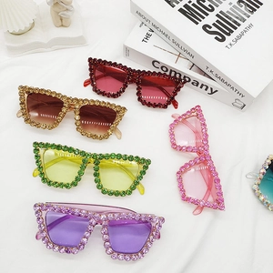 Cat eye rhinestone sunglasses in assorted colors with diamond crystals and metal frame