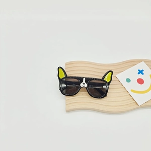 Detail of cute bulldog design kids polarized sunglasses on a wooden display board