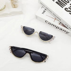 Chic cat eye half-frame sunglasses with crystal rhinestones in black and white colors