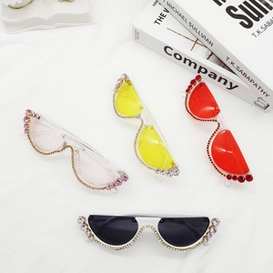 Fashionable half-frame rhinestone sunglasses in pink yellow red and black colors