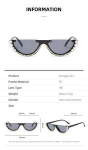 Detailed size chart for half-frame rhinestone sunglasses with full dimensions in mm