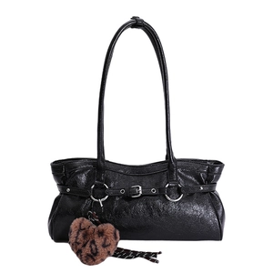 Minimalist black tote bag with silver buckle and leopard print heart charm decoration