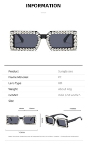 Detail view of rhinestone sunglasses showing PC frame dimensions and HD lens specifications