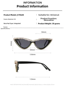 Spécifications détaillées des lunettes œil de chat à strass avec dimensions de monture