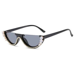 Fashionable half-frame cat eye sunglasses with rhinestones and light gray lenses