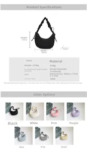 Technical drawing showing size 30x17cm and parameters for pleated crescent shoulder bag