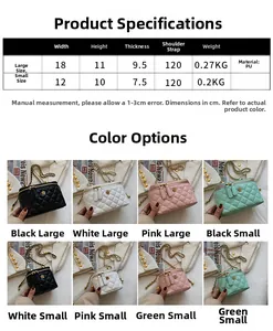 Size chart showing large and small quilted chain box bags with detailed dimensions and specs