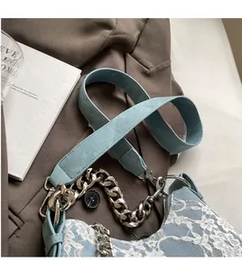 Detail of light blue lace shoulder bag with silver chain and wide leather strap