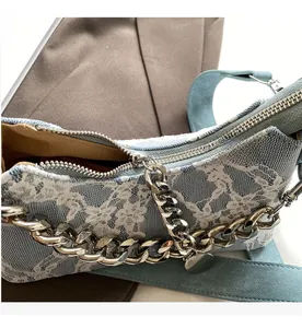 Detail of blue denim fabric with white lace floral overlay and smooth silver metal zipper