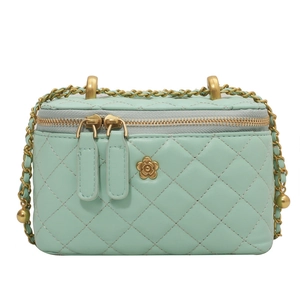 Mint green quilted rhombic chain cosmetic bag with golden flower logo and metal strap