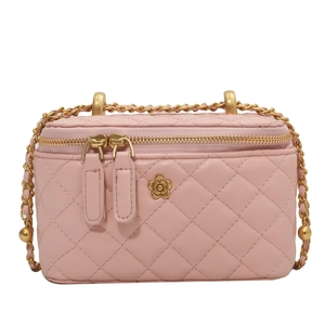 Pink quilted leather mini box bag with gold flower buckle and chain strap