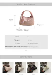 Detail view of mini jacquard dumpling bags in pink, beige, black, and blue with size data