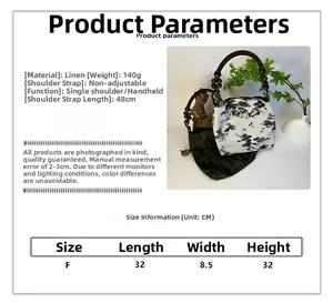 Detailed size chart for moss green linen tote bag featuring dimensions and material specs