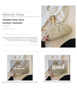 Size comparison of beige woven straw tote bag with beaded handle next to an iPad