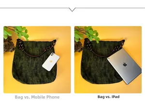 Size comparison of green beaded shoulder bag with smartphone and tablet devices