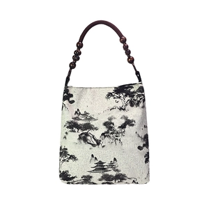 Moss green tote bag with Chinese ink painting and beaded wooden handles in retro style
