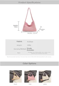 Detailed view of knitted shoulder bag showing texture, dimensions and color options