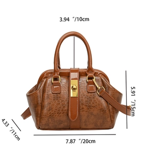 Französische Retro braune Kroko-Muster Handtasche Detailansicht mit Maßen und Design.