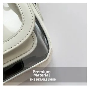 Detailaufnahme der hochwertigen weißen Ledernaht und des transparenten PVC der Tasche