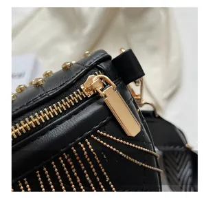 Close-up of smooth gold zipper and metallic chain fringe on black leather saddle bag