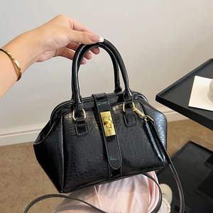 Schwarze Kroko-Muster Vintage Henkeltasche für Damen, elegante Schultertasche chic.