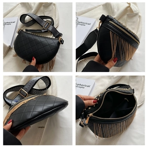 Detailed views of black quilted crossbody waist bag with gold chain and wide strap