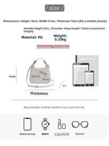 Detailed size chart for bow-tie handbag showing dimensions 21x18x10cm and PU material
