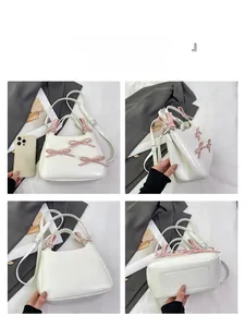Detail view showing four angles of a white handbag with pink 3D bow accents and strap