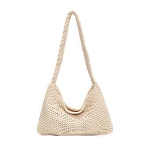 Chic cream knitted hobo shoulder bag with a wide strap and minimalist woven texture