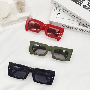 Fashionable rectangle frame sunglasses in red, olive, and black with double rivets design