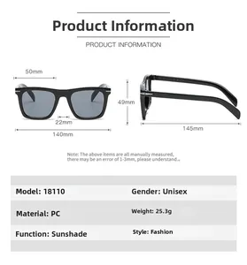 Detailed dimensions of black square sunglasses with lens width and frame measurements