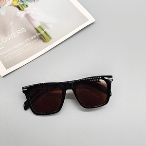 Detailed close-up of thick black frame sunglasses with brown lenses and metal rivet accents