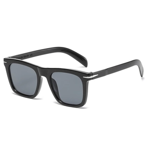 Classic square black sunglasses with silver rivet accents and grey lenses shown at 45 degrees