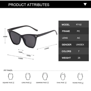 Detailed dimension chart for retro square sunglasses with lens and frame size specs