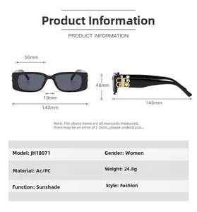 Detailed specs of retro square sunglasses with golden B logo and dimensions on white background