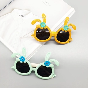 Cartoon rabbit ear polarized sunglasses for kids in yellow and green floral frame