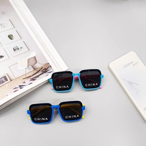Fashionable square kids sunglasses with colorful frames and letter printed lenses