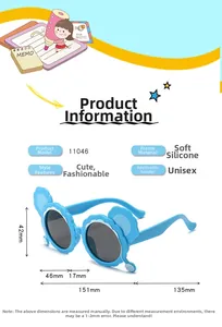Detailed size specifications for kids blue silicone cat-ear sunglasses with dimensions