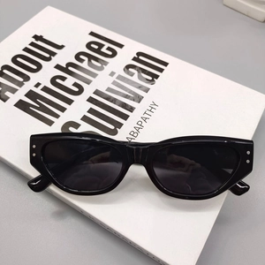 Detail of vintage black cat-eye sunglasses with silver rivets on a minimalist book