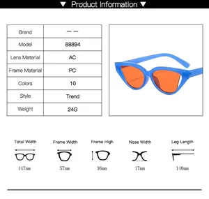 Detailed size chart for retro cat eye sunglasses showing PC frame and AC lens dimensions