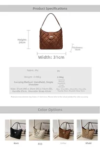 Detailed size chart for the quilted PU leather hobo bag with dimensions and color options